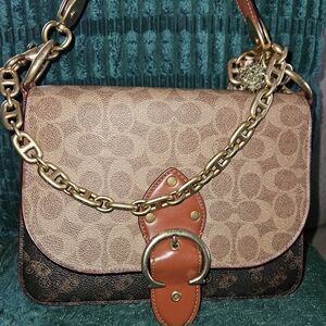 Coach Brown and Tan Signature Shoulder Bag
